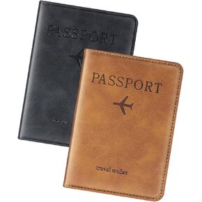 2 Pack Passport Holder, Leather Passport Holder for Travel, Passport Cover with Credit Card Slot and Boarding Pass Slot Combo, Passport Book for Women and Men
