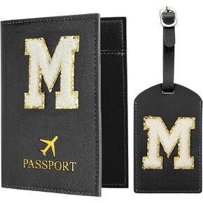 Patikil Passport حامل للسفر ، وغطاء جواز السفر الأولي وعلامة الأمتعة مع alphabet chenille خطاب التصحيح معرف حقيبة محفظة للسفر للنساء عائلة سفر أسود م