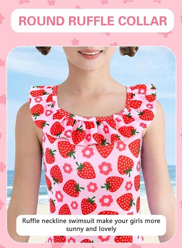 XiaoMoSha Girls Swimsuits Ruffled Round Neck One Piece Bathing Suits Quick Dry UPF 50+ Summer Hawaii Swimwear for Kids 3-10T in Kuwait