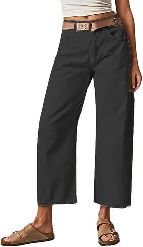 Flamingals Women’s Mid Waist Crop Straight Leg Jeans with Solid Stitch Detail Casual Fashion Trendy Denim Pants in Saudi Arabia