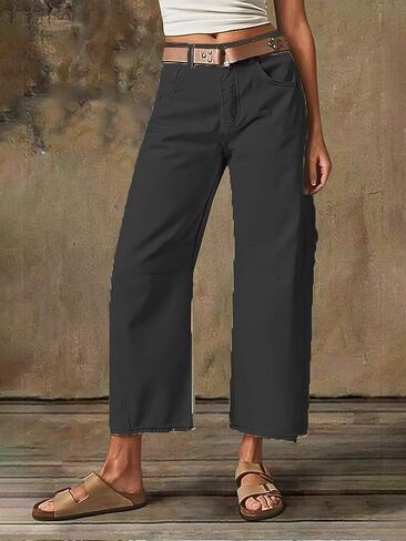 Flamingals Women’s Mid Waist Crop Straight Leg Jeans with Solid Stitch Detail Casual Fashion Trendy Denim Pants in Saudi Arabia
