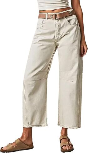 Flamingals Women’s Mid Waist Crop Straight Leg Jeans with Solid Stitch Detail Casual Fashion Trendy Denim Pants in Saudi Arabia