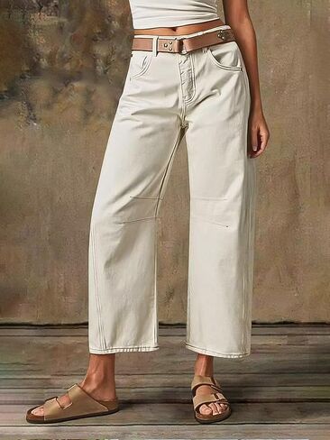 Flamingals Women’s Mid Waist Crop Straight Leg Jeans with Solid Stitch Detail Casual Fashion Trendy Denim Pants in Saudi Arabia