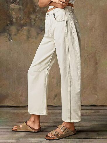 Flamingals Women’s Mid Waist Crop Straight Leg Jeans with Solid Stitch Detail Casual Fashion Trendy Denim Pants in Saudi Arabia