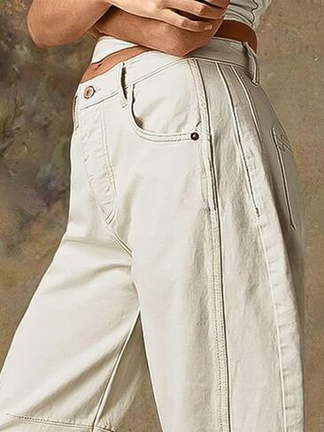 Flamingals Women’s Mid Waist Crop Straight Leg Jeans with Solid Stitch Detail Casual Fashion Trendy Denim Pants in Saudi Arabia