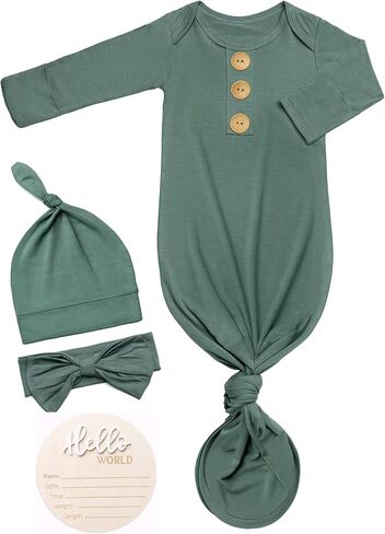 Soft Baby Knot Gown 0-3 Months, Newborn Announcement Sleepers With Mitten Cuffs and Personalized Wooden Name Tag in Saudi Arabia