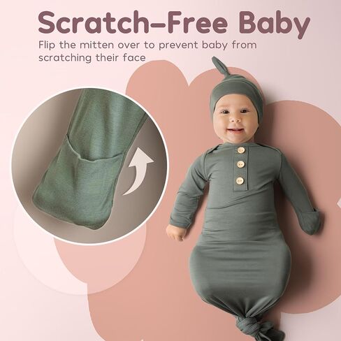 Soft Baby Knot Gown 0-3 Months, Newborn Announcement Sleepers With Mitten Cuffs and Personalized Wooden Name Tag in Saudi Arabia