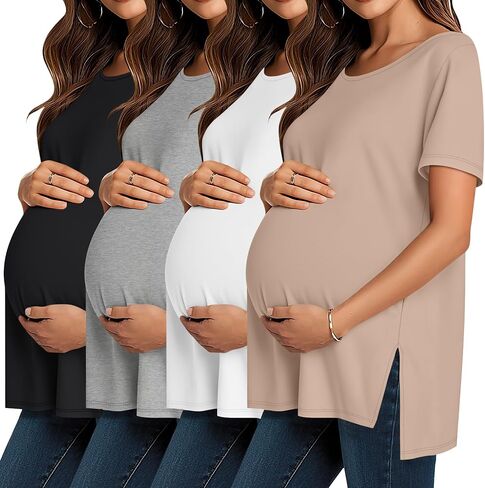 4 Pack Womens Maternity Shirts Short Sleeve Split Side Cotton Pregnancy Tops Loose Crewneck Soft Maternity Clothes in Saudi Arabia