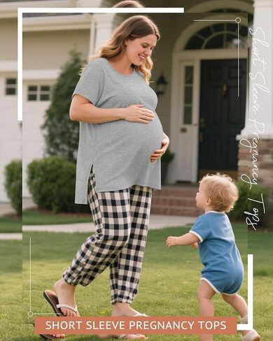4 Pack Womens Maternity Shirts Short Sleeve Split Side Cotton Pregnancy Tops Loose Crewneck Soft Maternity Clothes in Saudi Arabia