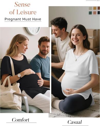 4 Pack Womens Maternity Shirts Short Sleeve Split Side Cotton Pregnancy Tops Loose Crewneck Soft Maternity Clothes in Saudi Arabia
