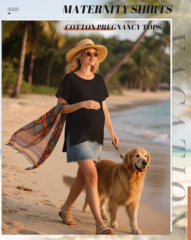 4 Pack Womens Maternity Shirts Short Sleeve Split Side Cotton Pregnancy Tops Loose Crewneck Soft Maternity Clothes in Saudi Arabia