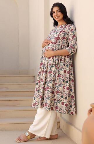 Janasya Indian Women's Maternity Kurta Kurti for Women Pure Cotton Cream Floral Regular Casual Calf Length Maternity Clothes in Saudi Arabia
