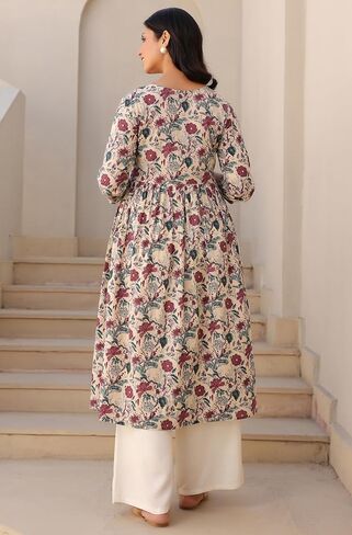 Janasya Indian Women's Maternity Kurta Kurti for Women Pure Cotton Cream Floral Regular Casual Calf Length Maternity Clothes in Saudi Arabia