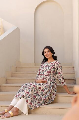 Janasya Indian Women's Maternity Kurta Kurti for Women Pure Cotton Cream Floral Regular Casual Calf Length Maternity Clothes in Saudi Arabia