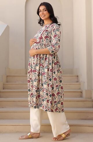 Janasya Indian Women's Maternity Kurta Kurti for Women Pure Cotton Cream Floral Regular Casual Calf Length Maternity Clothes in Saudi Arabia