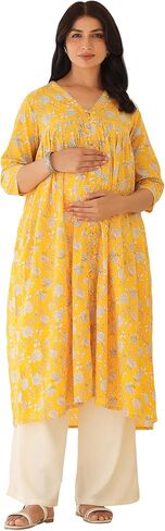Janasya Indian Women's Maternity Kurta Kurti for Women Pure Cotton Yellow Floral Casual Calf Length Maternity Clothes in Saudi Arabia