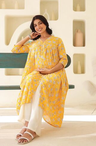 Janasya Indian Women's Maternity Kurta Kurti for Women Pure Cotton Yellow Floral Casual Calf Length Maternity Clothes in Saudi Arabia