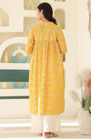 Janasya Indian Women's Maternity Kurta Kurti for Women Pure Cotton Yellow Floral Casual Calf Length Maternity Clothes in Saudi Arabia