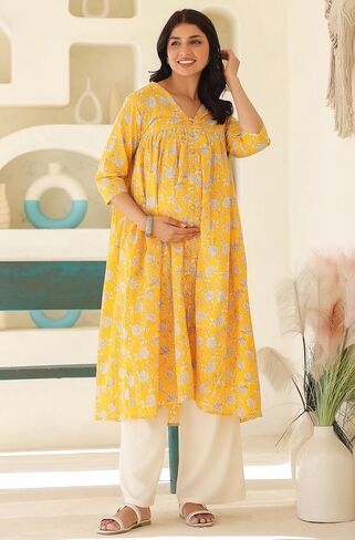 Janasya Indian Women's Maternity Kurta Kurti for Women Pure Cotton Yellow Floral Casual Calf Length Maternity Clothes in Saudi Arabia