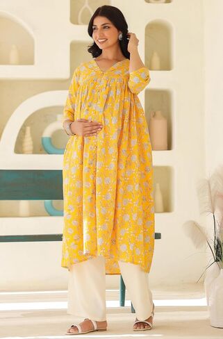 Janasya Indian Women's Maternity Kurta Kurti for Women Pure Cotton Yellow Floral Casual Calf Length Maternity Clothes in Saudi Arabia