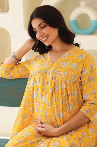 Janasya Indian Women's Maternity Kurta Kurti for Women Pure Cotton Yellow Floral Casual Calf Length Maternity Clothes in Saudi Arabia