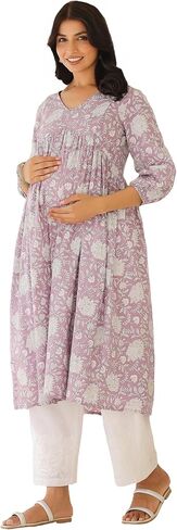 Janasya Indian Women's Gaternity Kurta for Women Cotton Pure Cotton A-line Lavender Floral Lengood Length Lenity Adminity Adality in Saudi Arabia