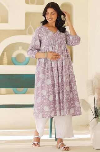 Janasya Indian Women's Gaternity Kurta for Women Cotton Pure Cotton A-line Lavender Floral Lengood Length Lenity Adminity Adality in Saudi Arabia
