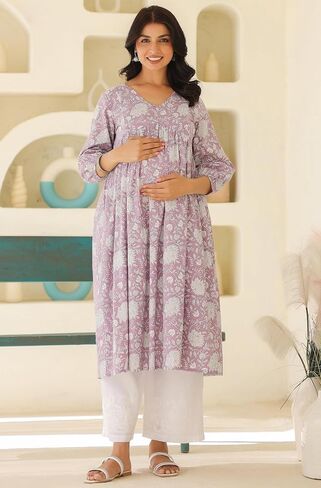 Janasya Indian Women's Gaternity Kurta for Women Cotton Pure Cotton A-line Lavender Floral Lengood Length Lenity Adminity Adality in Saudi Arabia