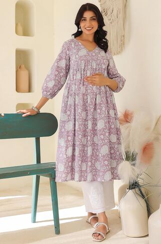 Janasya Indian Women's Gaternity Kurta for Women Cotton Pure Cotton A-line Lavender Floral Lengood Length Lenity Adminity Adality in Saudi Arabia