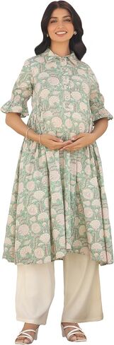 Janasya Indian Women's Gaternity Kurta for Women Cotton Pure-lle-lle Green Green Gloral Length Length Lenity Adminity in Saudi Arabia