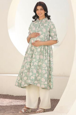 Janasya Indian Women's Gaternity Kurta for Women Cotton Pure-lle-lle Green Green Gloral Length Length Lenity Adminity in Saudi Arabia