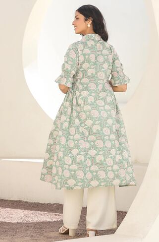 Janasya Indian Women's Gaternity Kurta for Women Cotton Pure-lle-lle Green Green Gloral Length Length Lenity Adminity in Saudi Arabia