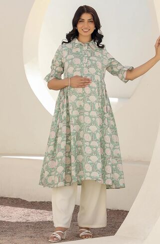 Janasya Indian Women's Gaternity Kurta for Women Cotton Pure-lle-lle Green Green Gloral Length Length Lenity Adminity in Saudi Arabia