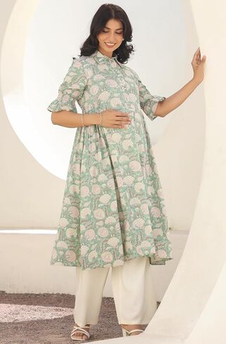 Janasya Indian Women's Gaternity Kurta for Women Cotton Pure-lle-lle Green Green Gloral Length Length Lenity Adminity in Saudi Arabia