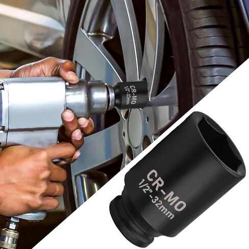 1/2" Drive Deep Impact Sockets, 32mm Socket, CR-MO Steel Impact Socket,1/2-inch Drive 6 Point Axle Nut Socket for Easy Removal of Axle Shaft Nuts, Professional Automotive Tools (32 MM) in Saudi Arabia