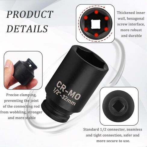 1/2" Drive Deep Impact Sockets, 32mm Socket, CR-MO Steel Impact Socket,1/2-inch Drive 6 Point Axle Nut Socket for Easy Removal of Axle Shaft Nuts, Professional Automotive Tools (32 MM) in Saudi Arabia