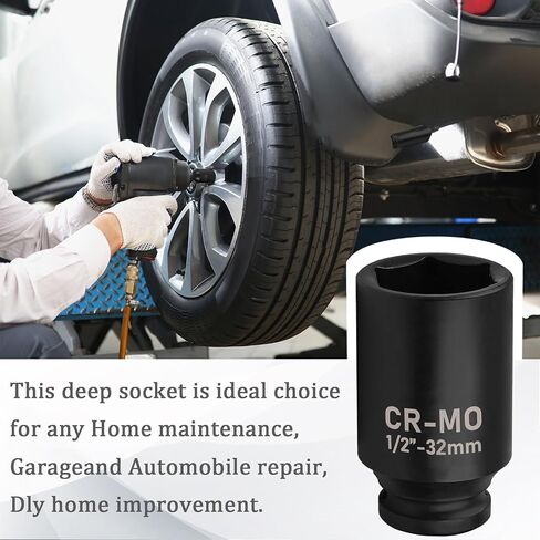 1/2" Drive Deep Impact Sockets, 32mm Socket, CR-MO Steel Impact Socket,1/2-inch Drive 6 Point Axle Nut Socket for Easy Removal of Axle Shaft Nuts, Professional Automotive Tools (32 MM) in Saudi Arabia