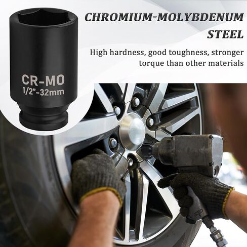 1/2" Drive Deep Impact Sockets, 32mm Socket, CR-MO Steel Impact Socket,1/2-inch Drive 6 Point Axle Nut Socket for Easy Removal of Axle Shaft Nuts, Professional Automotive Tools (32 MM) in Saudi Arabia