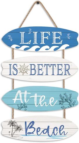 LHIUEM Life is Better at The Beach Decor Set of 4(4"X12") Wood Hanging Ornaments Beach Coastal Seashell Signs Ocean Themed Inspirational Wooden Wall Art for Living Room Bedroom Bathroom(Retro Style) in Kuwait