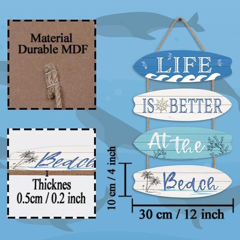LHIUEM Life is Better at The Beach Decor Set of 4(4"X12") Wood Hanging Ornaments Beach Coastal Seashell Signs Ocean Themed Inspirational Wooden Wall Art for Living Room Bedroom Bathroom(Retro Style) in Kuwait