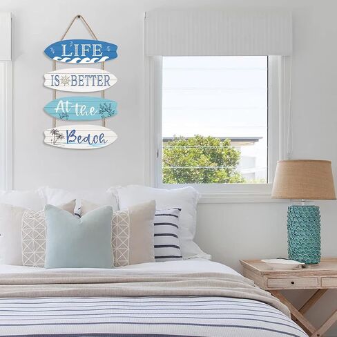 LHIUEM Life is Better at The Beach Decor Set of 4(4"X12") Wood Hanging Ornaments Beach Coastal Seashell Signs Ocean Themed Inspirational Wooden Wall Art for Living Room Bedroom Bathroom(Retro Style) in Kuwait