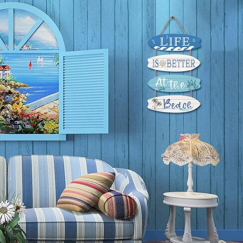 LHIUEM Life is Better at The Beach Decor Set of 4(4"X12") Wood Hanging Ornaments Beach Coastal Seashell Signs Ocean Themed Inspirational Wooden Wall Art for Living Room Bedroom Bathroom(Retro Style) in Kuwait