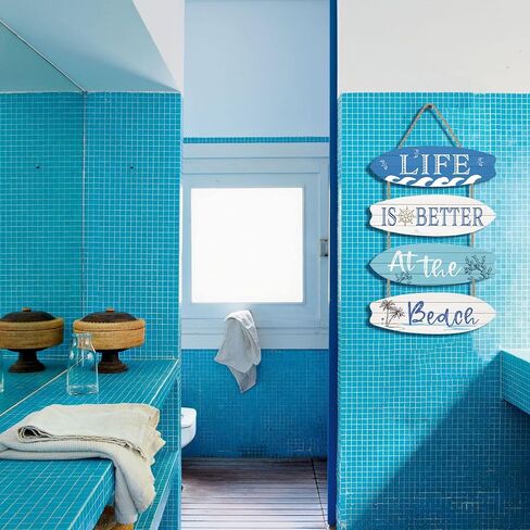 LHIUEM Life is Better at The Beach Decor Set of 4(4"X12") Wood Hanging Ornaments Beach Coastal Seashell Signs Ocean Themed Inspirational Wooden Wall Art for Living Room Bedroom Bathroom(Retro Style) in Kuwait