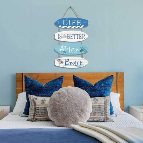 LHIUEM Life is Better at The Beach Decor Set of 4(4"X12") Wood Hanging Ornaments Beach Coastal Seashell Signs Ocean Themed Inspirational Wooden Wall Art for Living Room Bedroom Bathroom(Retro Style) in Kuwait