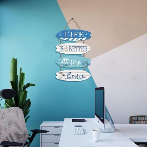 LHIUEM Life is Better at The Beach Decor Set of 4(4"X12") Wood Hanging Ornaments Beach Coastal Seashell Signs Ocean Themed Inspirational Wooden Wall Art for Living Room Bedroom Bathroom(Retro Style) in Kuwait