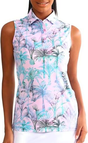 Women's Sleeveless Golf and Tennis Polo Shirt, Floral Print, Blue and Pink in Kuwait