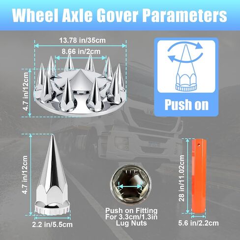 ABS Chrome Plastic Front Axle and Rear Cover Kits with 33mm Push-on Flange Nut Covers for Semi Trucks in Pairs, Spiked, 2+4 Set in Kuwait