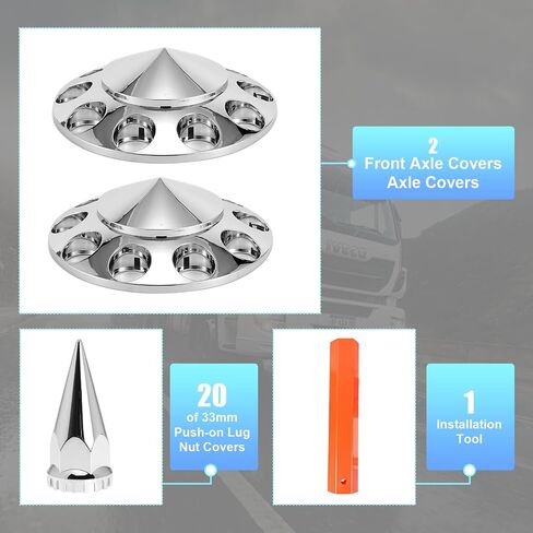 ABS Chrome Plastic Front Axle and Rear Cover Kits with 33mm Push-on Flange Nut Covers for Semi Trucks in Pairs, Spiked, 2+4 Set in Kuwait