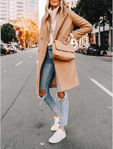 xxxiticat Women's Double Breasted Peacoat Wool Notched Lapel Trench Coat Winter Mid Length Long Jacket Overcoat in Saudi Arabia
