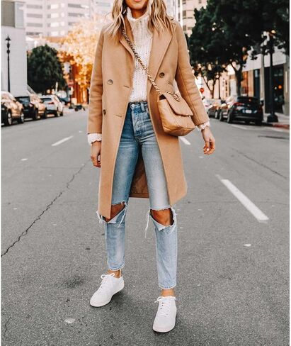 xxxiticat Women's Double Breasted Peacoat Wool Notched Lapel Trench Coat Winter Mid Length Long Jacket Overcoat in Saudi Arabia